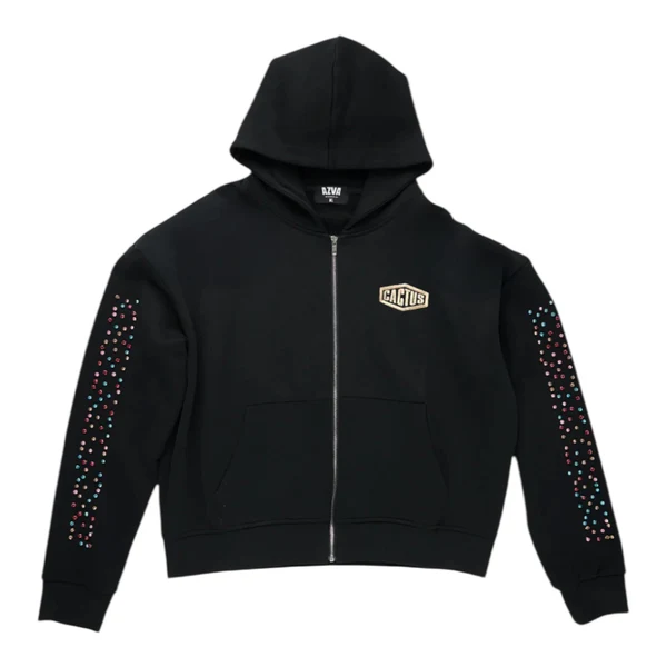 Crystal Cactus Zip Hoodie- Black